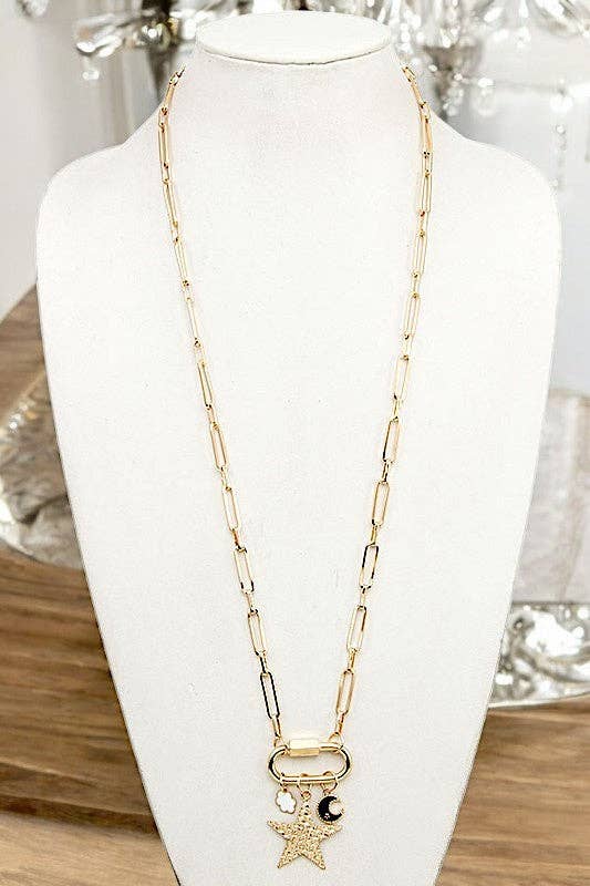 STAR MIX PENDANT LONG CHAIN NECKLACE, APPROX LENGTH: 28", BACK CLASP CLOSURE in gold with stars clouds and moon charms