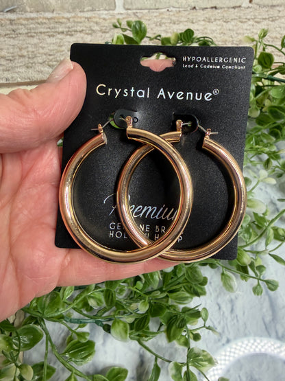Gold hoop earrings on a Crystal Avenue card held by a hand with greenery in the background