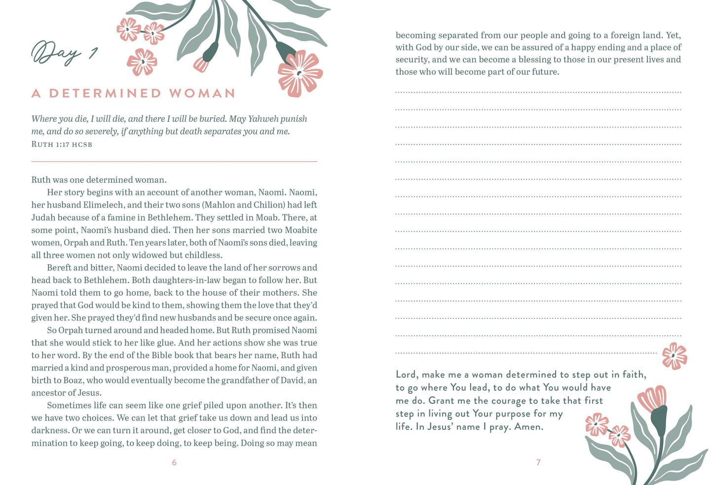 Page from a book or journal with text  a determined woman on  floral designs on a white backgroundn