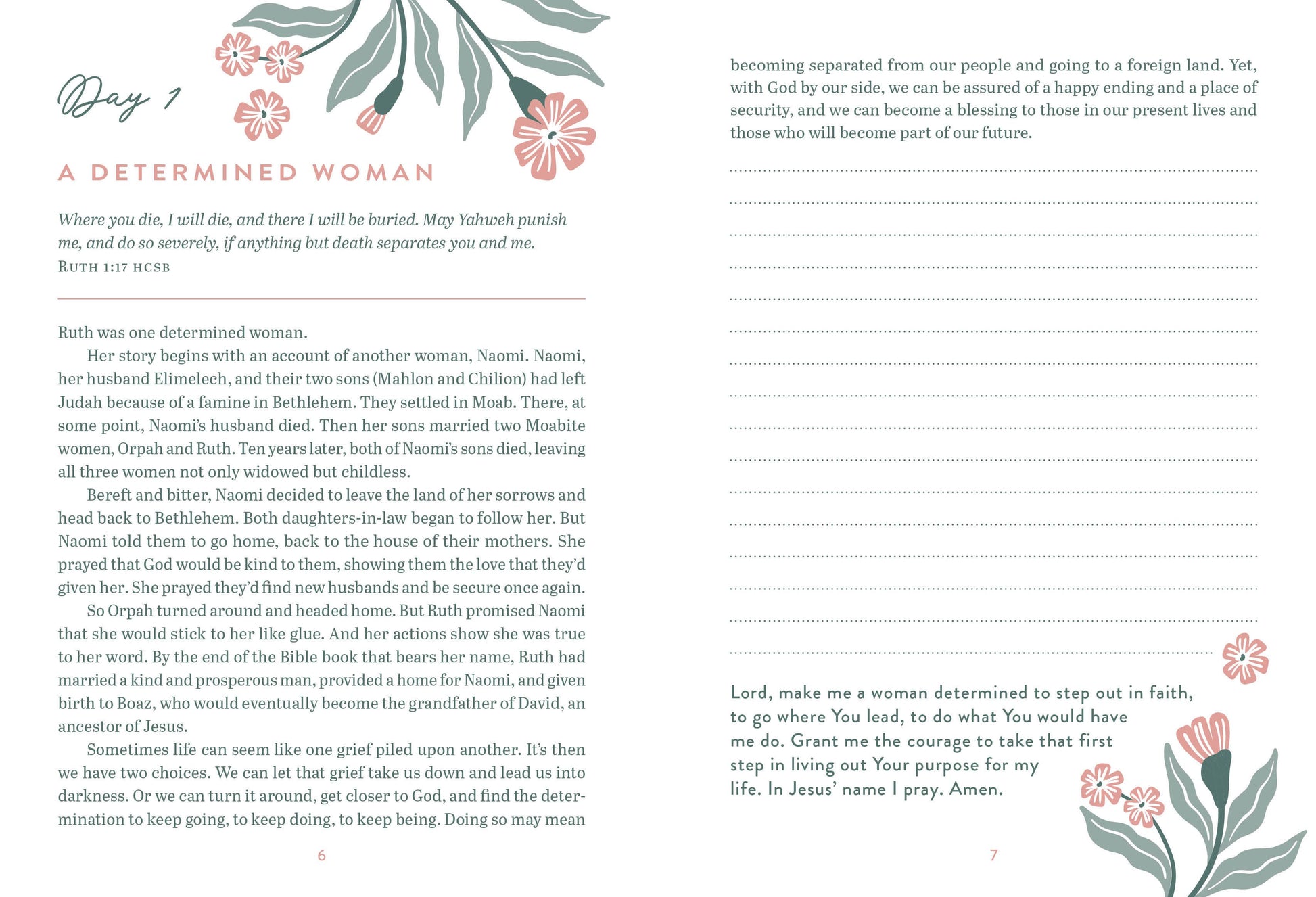 Page from a book or journal with text  a determined woman on  floral designs on a white backgroundn