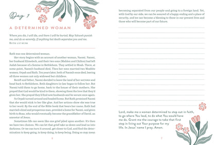 Page from a book or journal with text  a determined woman on  floral designs on a white backgroundn