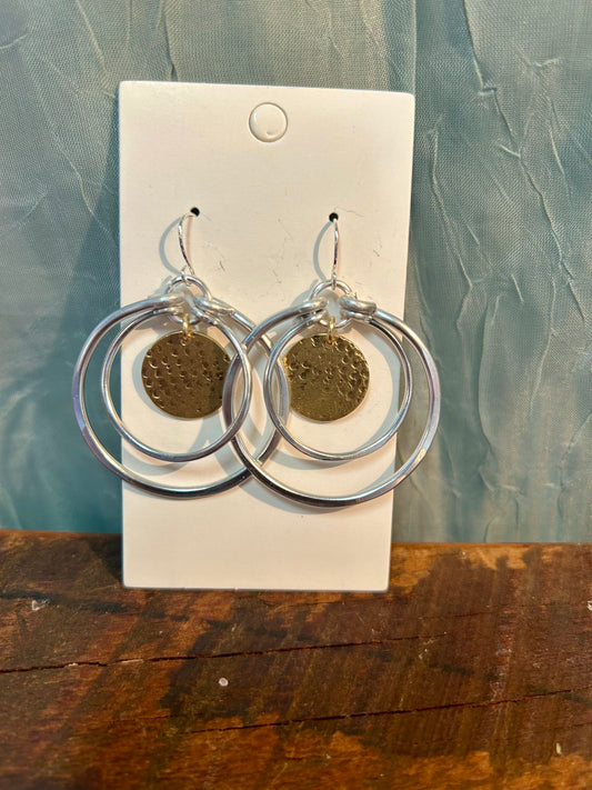 hoop earrings, handcrafted, aluminum and brass, hand hammered disks