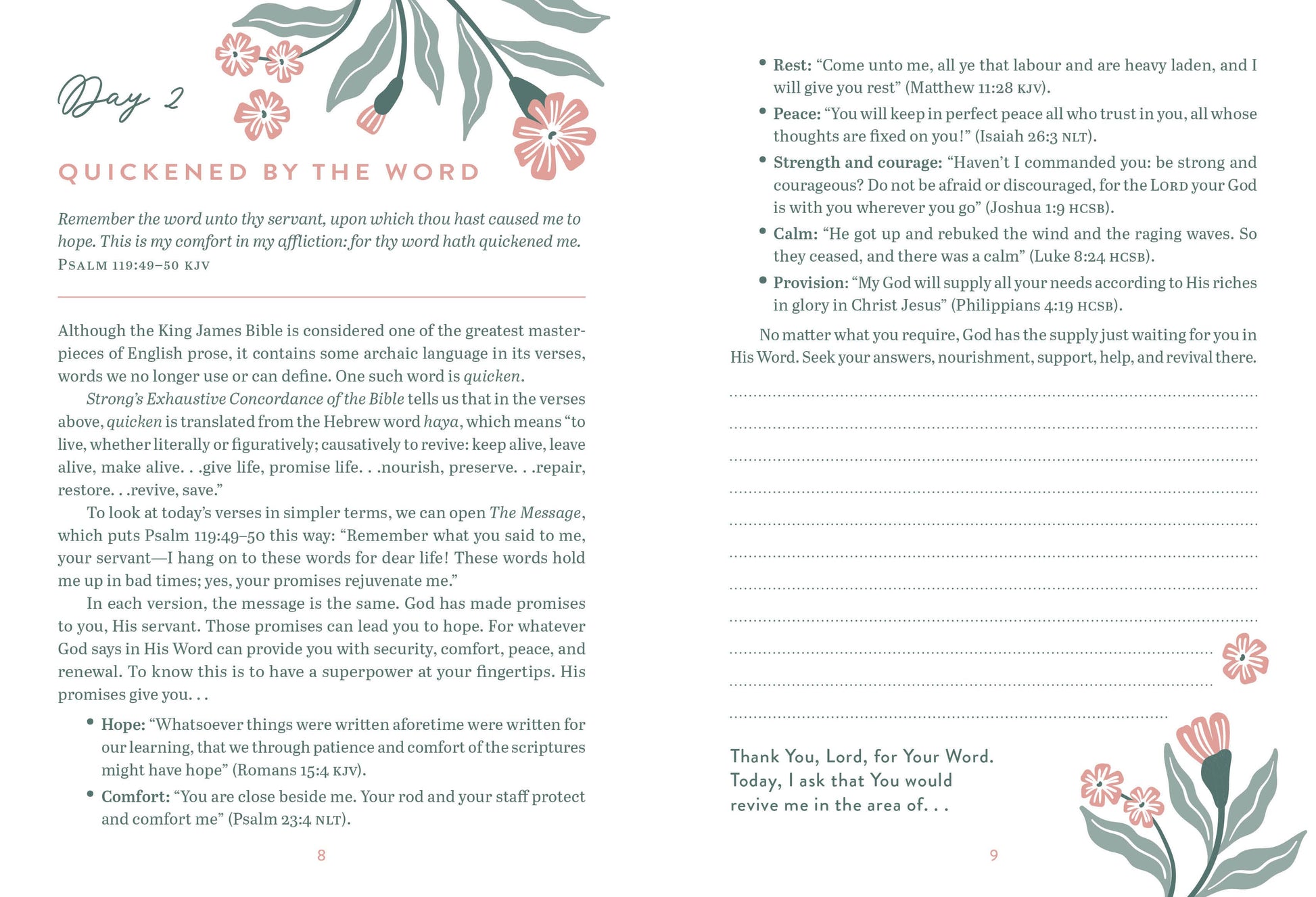 Page from a devotional book with text and floral designs on a white background