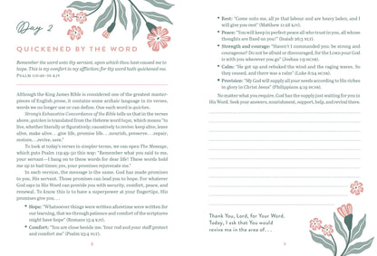 Page from a devotional book with text and floral designs on a white background