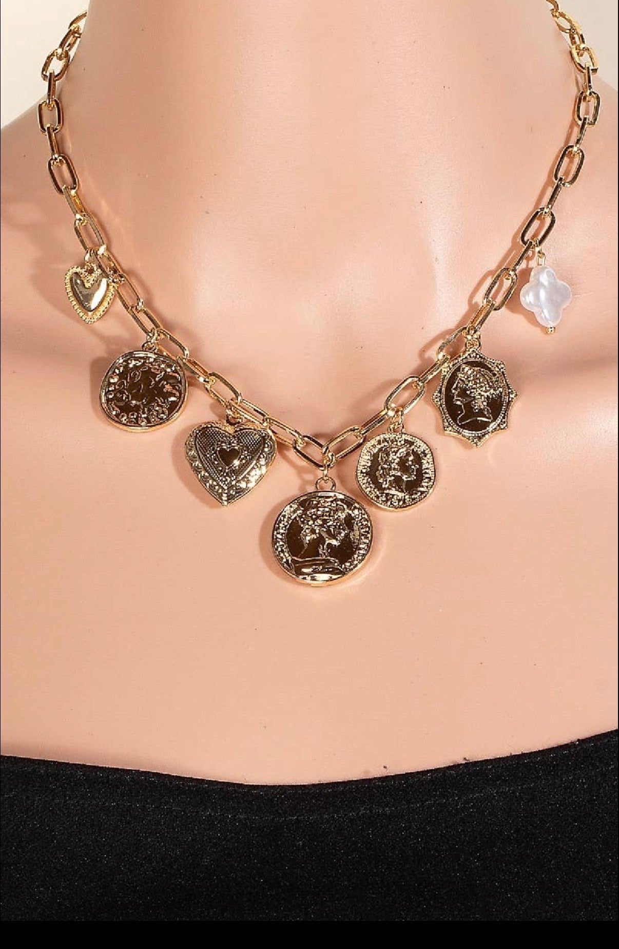 Pearl Clover Coins And Heart Locket Charms Necklace - With Purpose Boutique