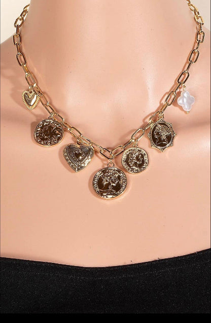 Pearl Clover Coins And Heart Locket Charms Necklace - With Purpose Boutique