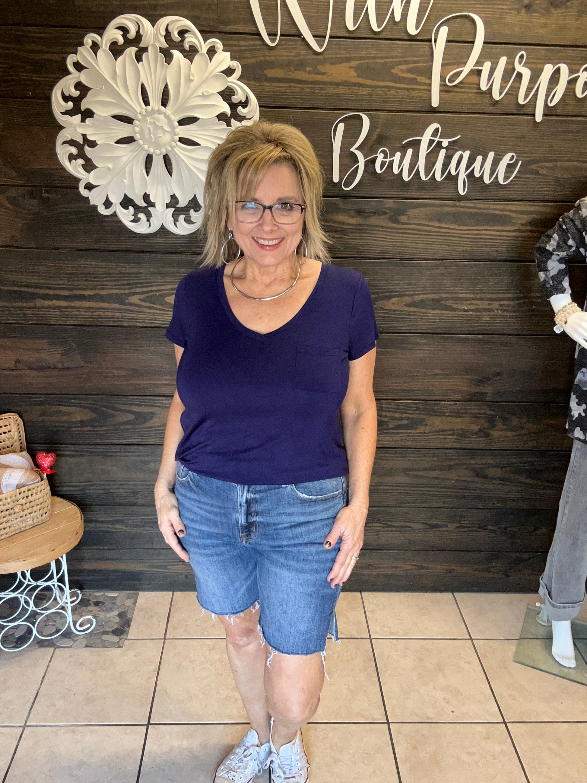 Longer style denim shorts with stretch, split seam on side length like a board short