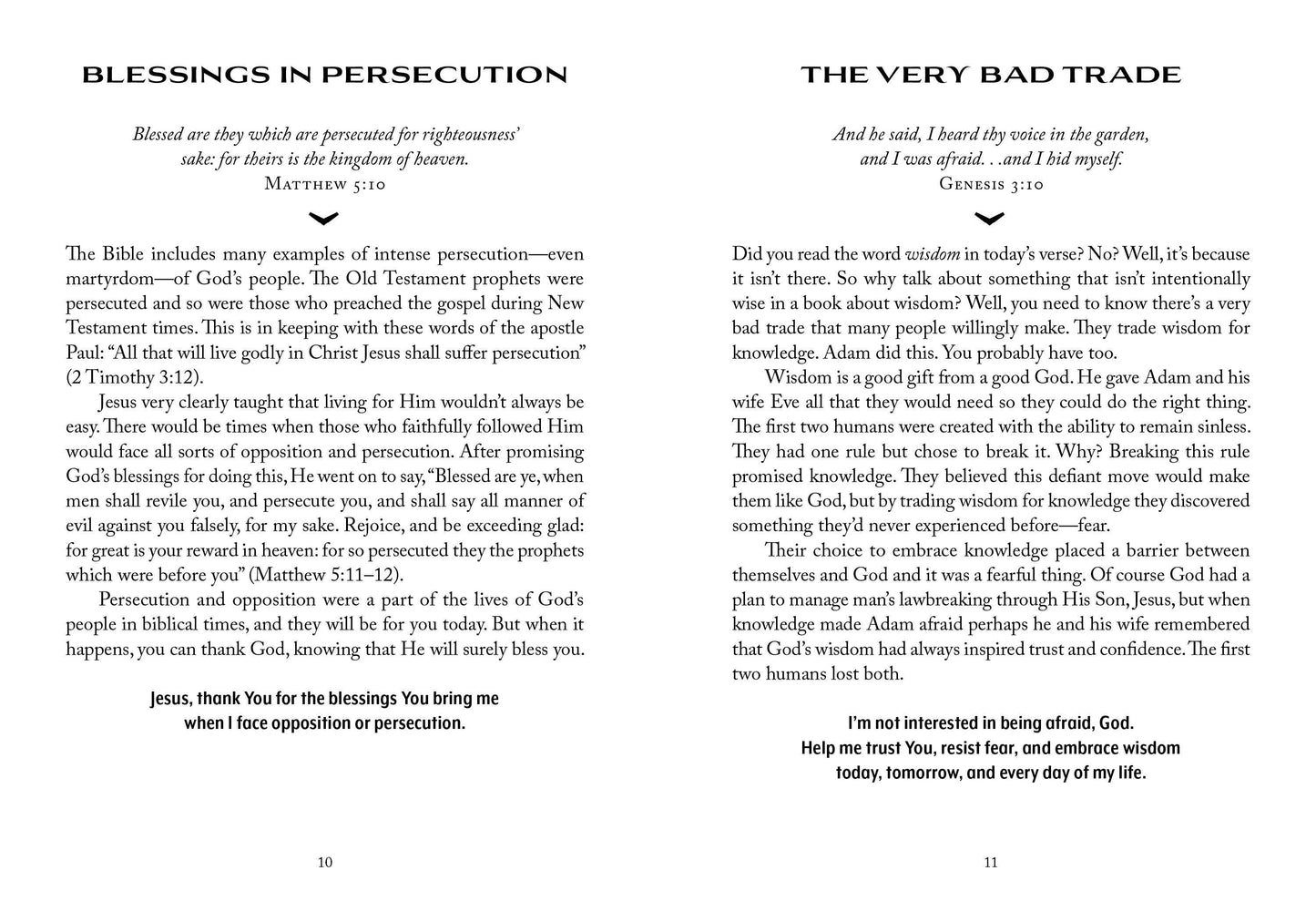 Two pages from a book with text on blessings and persecution, and a discussion of the 'very bad trade' from Genesis.