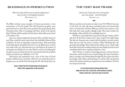 Two pages from a book with text on blessings and persecution, and a discussion of the 'very bad trade' from Genesis.