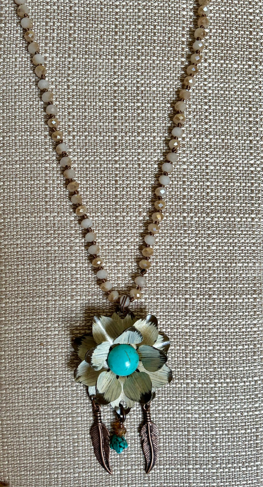 boho style necklace, metal and stone flower design