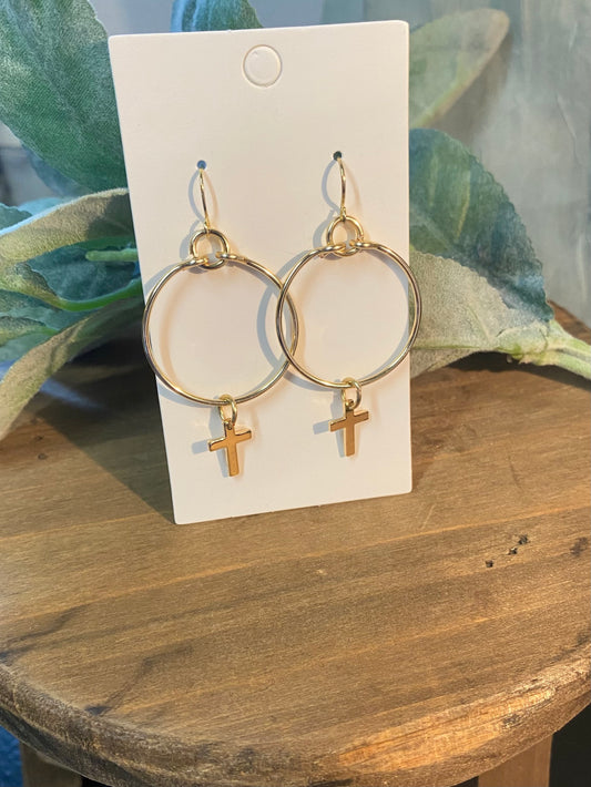 gold wire, lightweight, cross dangle earrings, handcrafted