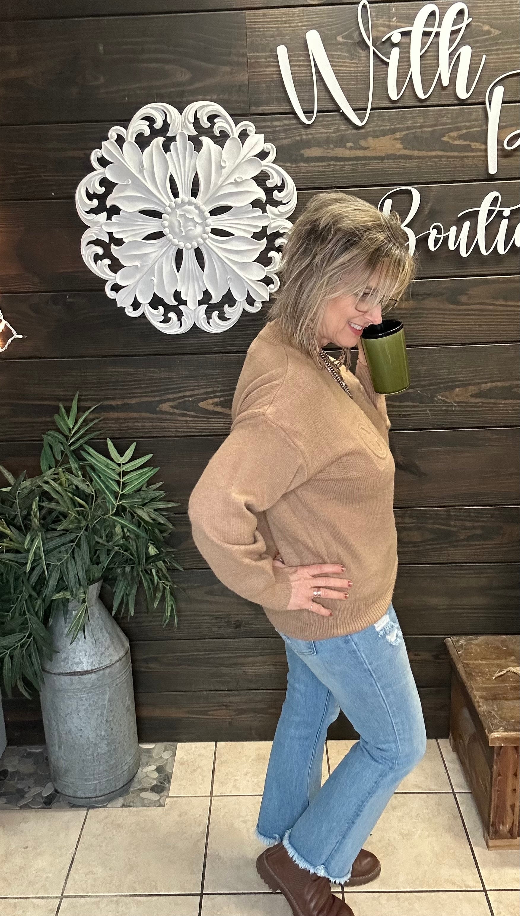 Coffee Embossed Sweater - With Purpose Boutique