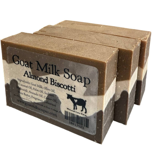 Goat Milk Soap Almond Biscotti with a label on a white background