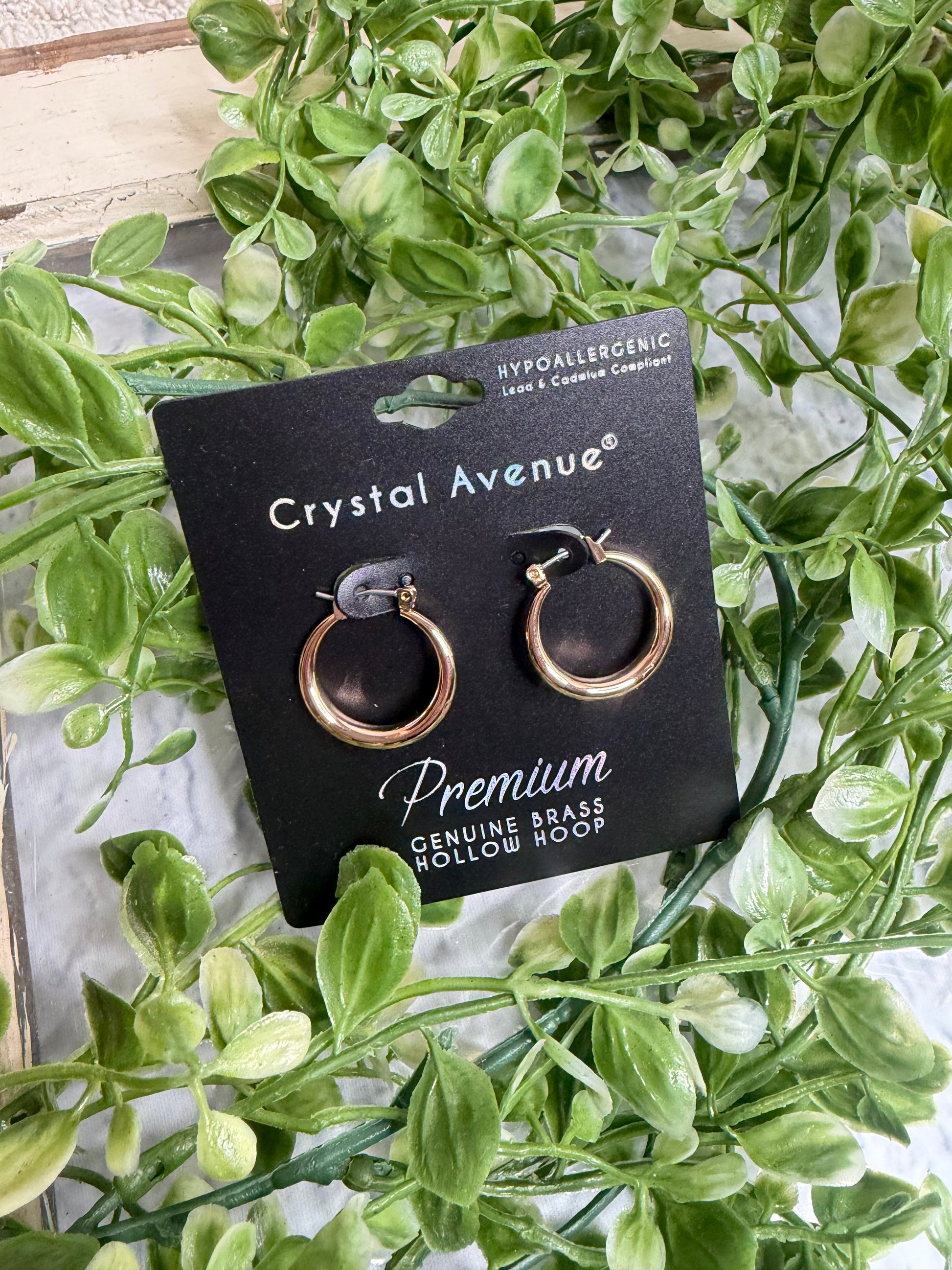Pair of gold hoop earrings on a 'Crystal Avenue' card with green leaves in the background