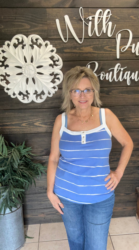 Get ready for summer with our Blue Stripe Tank Top! Made with super soft material, this tank top is perfect for any warm weather occasion. The classic blue stripes add a timeless touch to any outfit. Stay cool and comfortable in style!

Fits true to size/Perfect with white, denim &amp; more. Layer or wear alone!

95% Polyester/5%Spandex