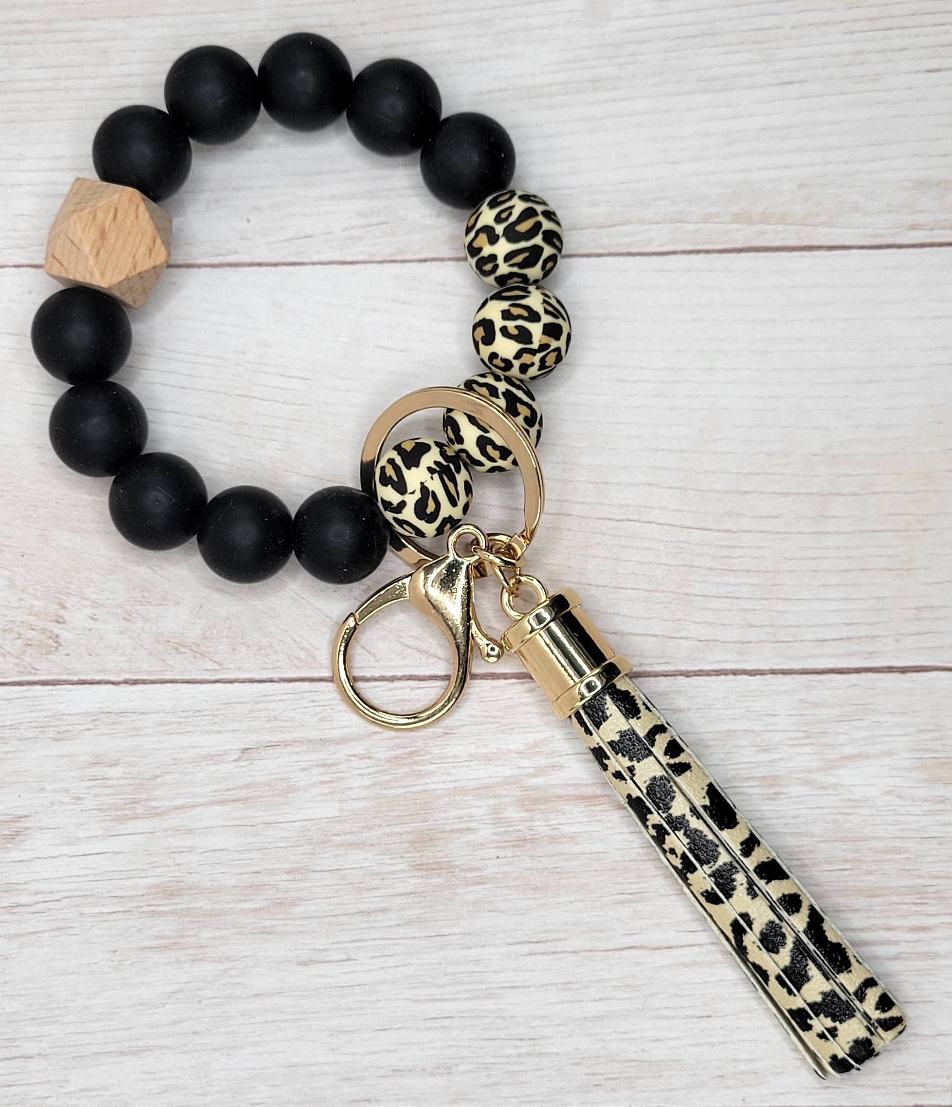 leopard and black keychain wristlet with leopard tassel