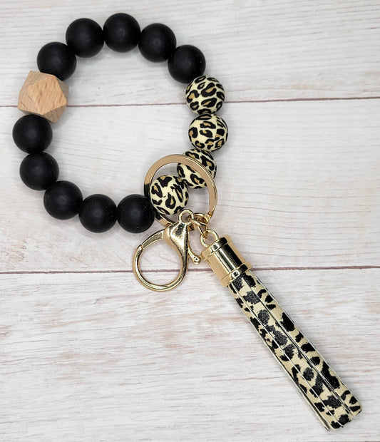 leopard and black keychain wristlet with leopard tassel