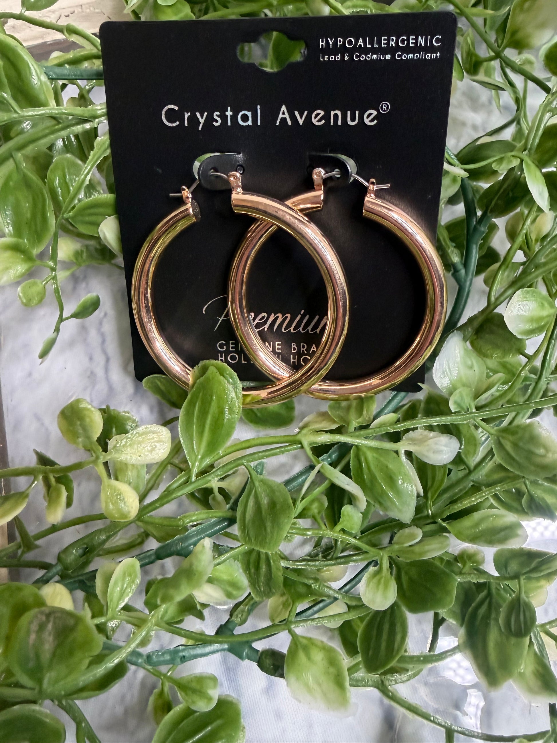 Gold hoop earrings on a 'Crystal Avenue' card with green leaves in the background