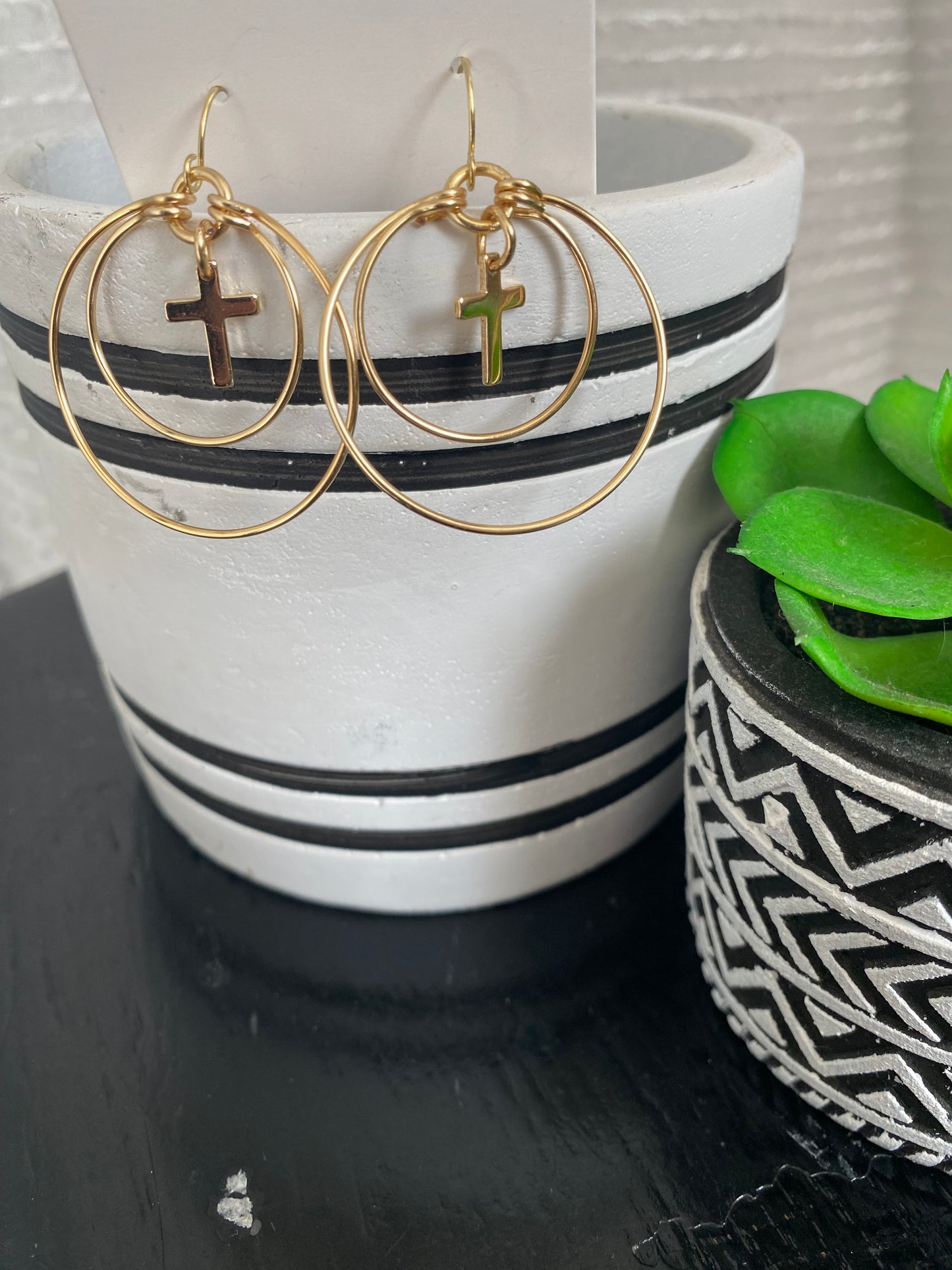 White Mule Cross Dangle Earrings