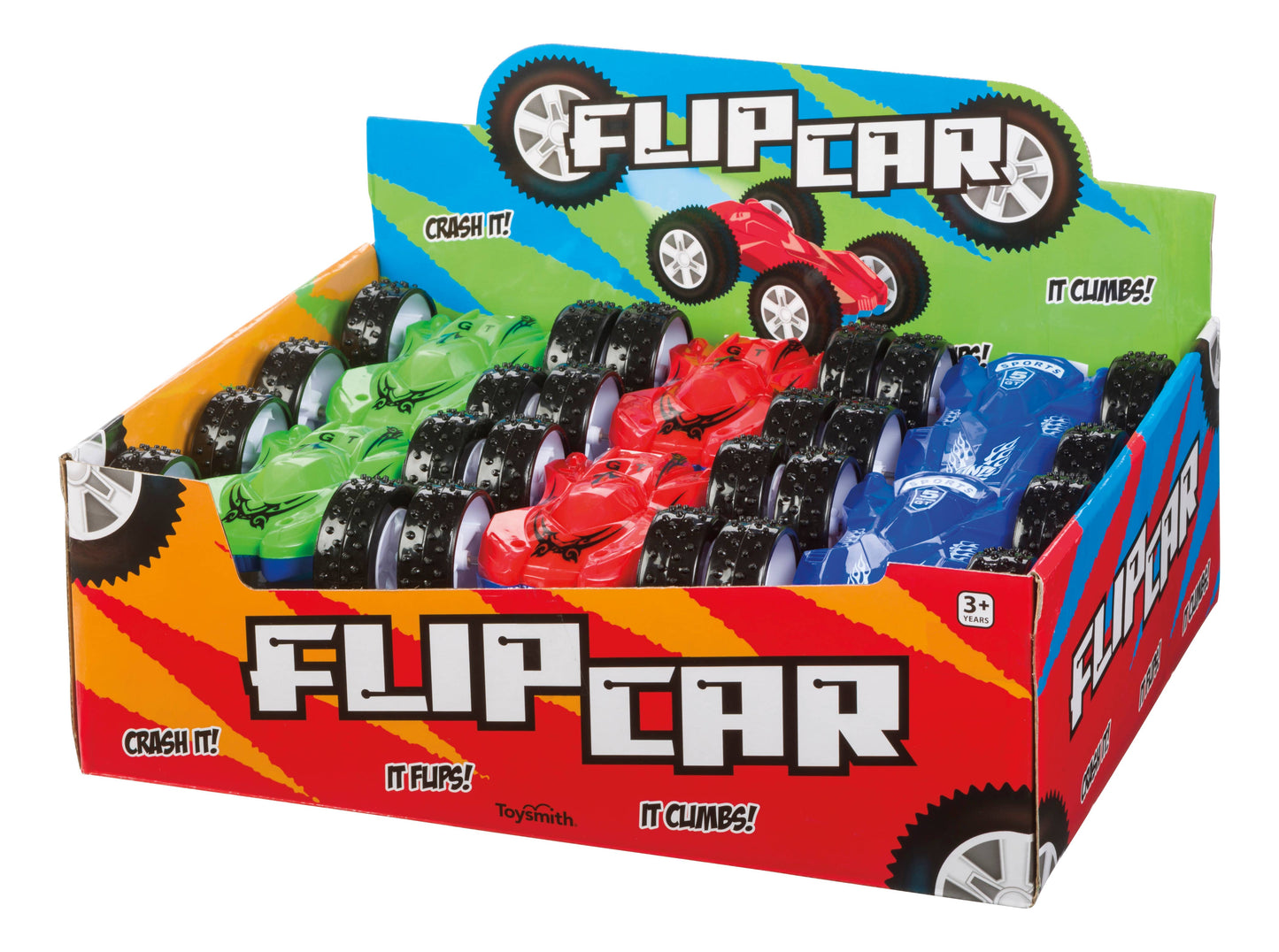 Box of Flip Car toys with colorful design on a white background