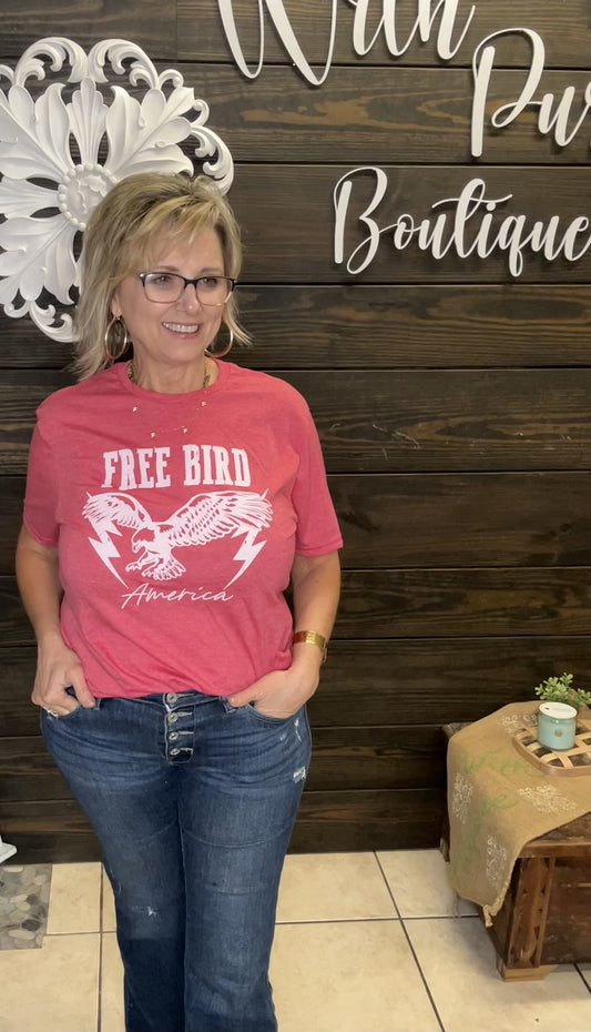 The Free Bird tee celebrates the legendary song and features a design inspired by the iconic track.&nbsp; It's supersoft material, relaxed fit, and short sleeves will make it your favorite summer staple. You will rock the vintage vibe with this tee!

65% Polyester, 5% Cotton