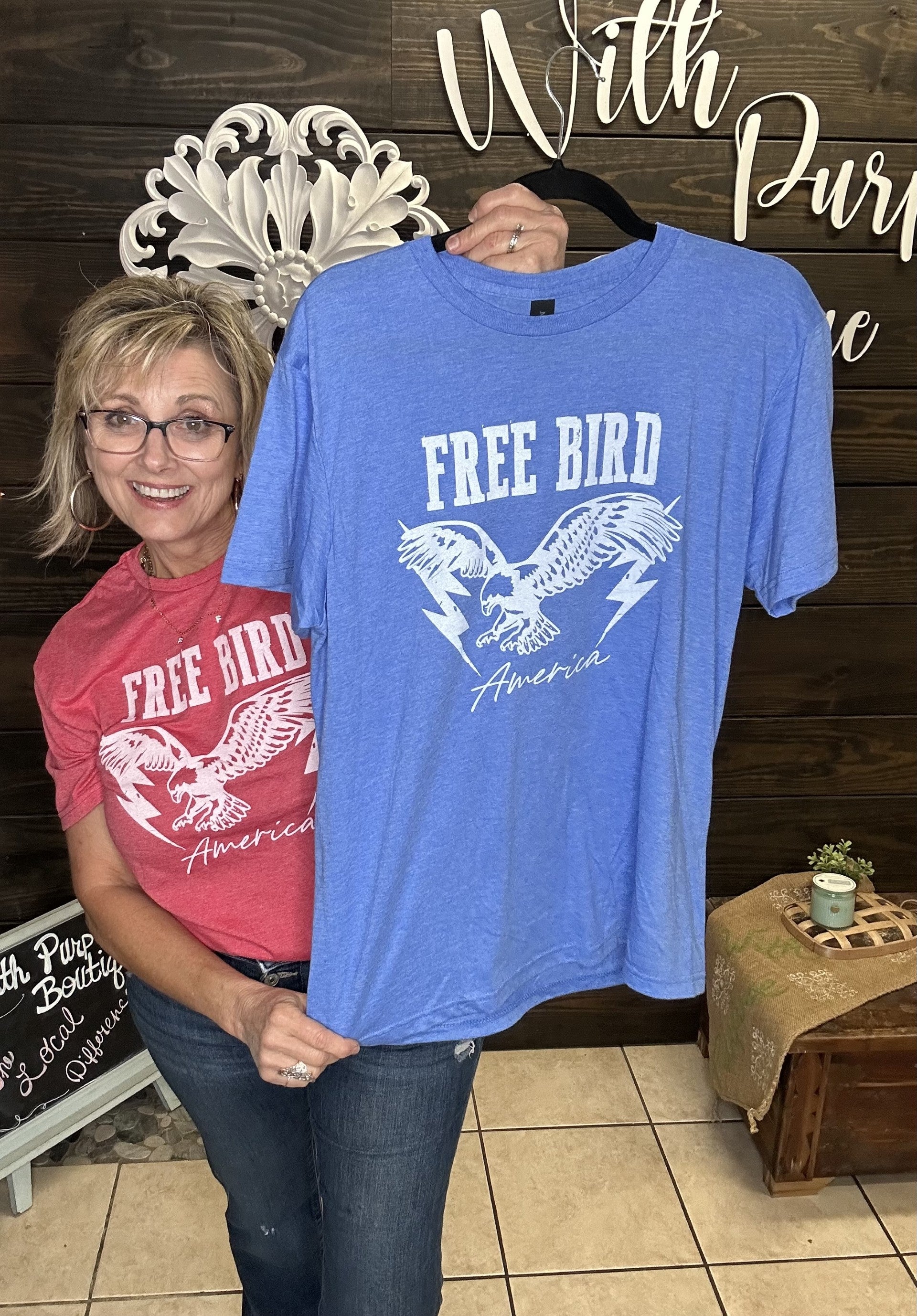 The Free Bird tee celebrates the legendary song and features a design inspired by the iconic track.&nbsp; It's supersoft material, relaxed fit, and short sleeves will make it your favorite summer staple. You will rock the vintage vibe with this tee!

65% Polyester, 5% Cotton