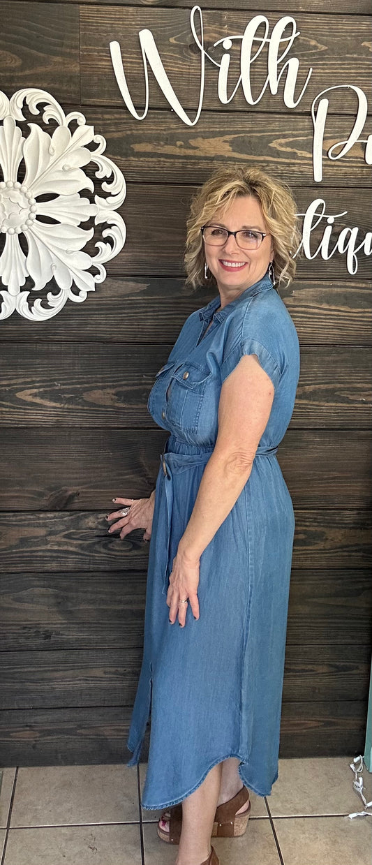 Chambray lightweight, button up top, midi dress