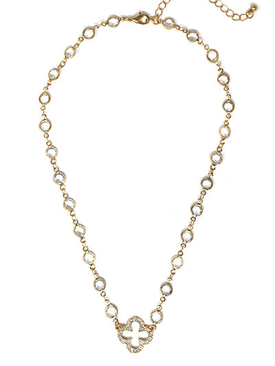 Sparkle and shine with our Crystal Linked Pave Clover Necklace! Featuring crystal drops and a stunning clover pendant adorned with pave rhinestones, this necklace will add a touch of shine to any outfit. Perfect for special occasions or everyday wear.&nbsp;

Pendant size : 0.75 inch/- Length: 16 inch/