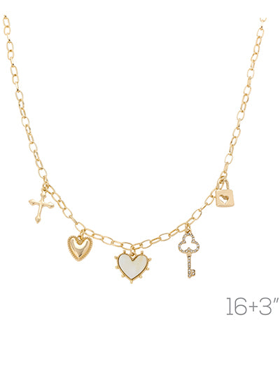 Unlock your style with this darling Heart Key Charm Necklace! This dainty and charming necklace features a lock with a heart cut out and other sparkling rhinestone charms. Perfect for adding a touch of fun and style to any outfit. (Key to looking fabulous: this necklace!)

approx. 16"L + 3" extender