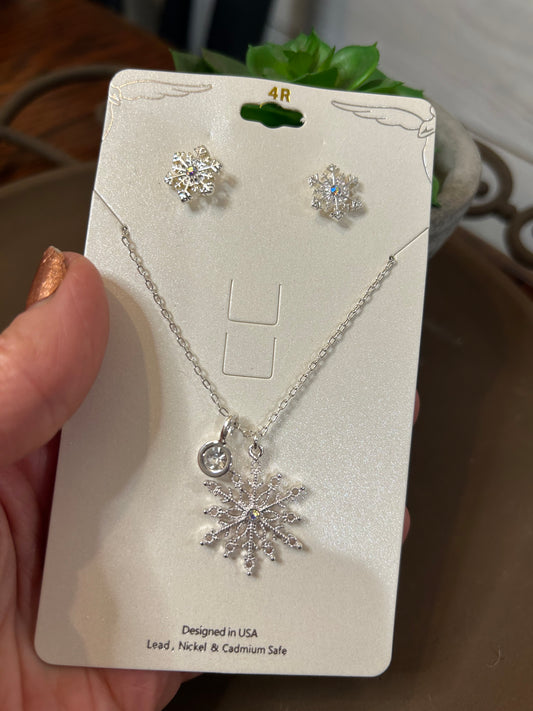 Silver and crystal snowflake necklace and earring set with small charm