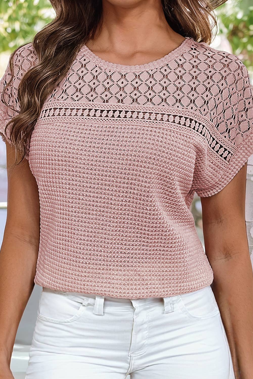 Lace Waffle Textured Top in blush colors, short sleeves, texture and detail, fits relaxed