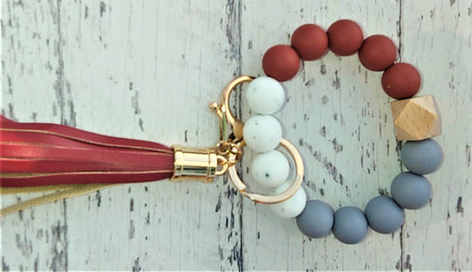 Maroon/Grey/White Silicone Wristlet - Keychain - on a white background