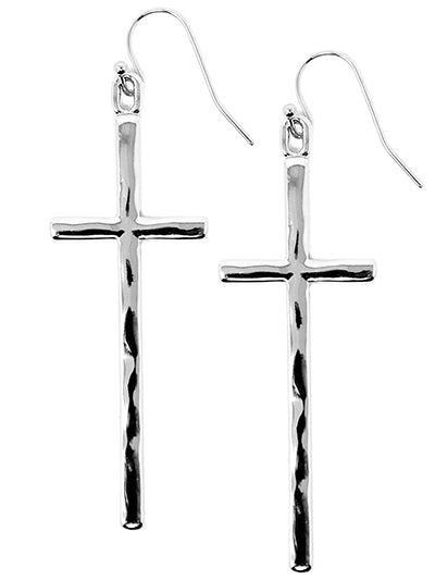Silver cross earrings on a white background