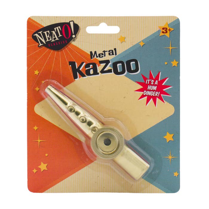 Metal kazoo in packaging with 'Neato' branding on a white background