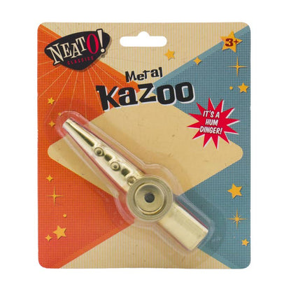 Metal kazoo in packaging with 'Neato' branding on a white background
