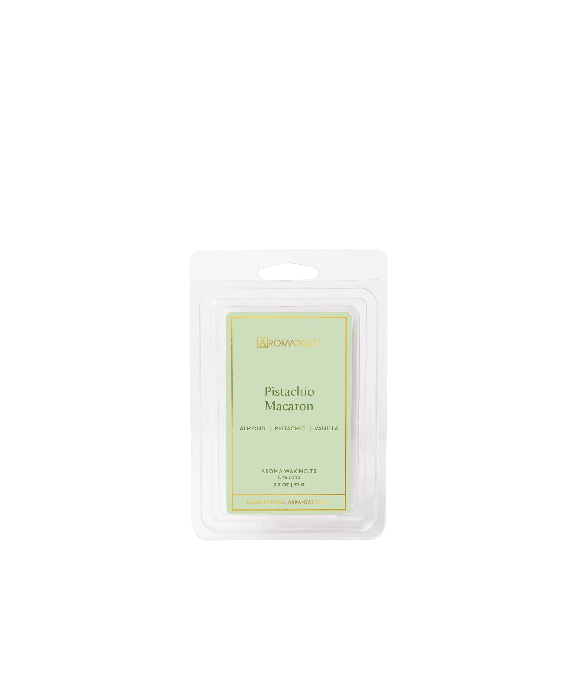 Pistachio Macaron scented wax melt packaging on a white background