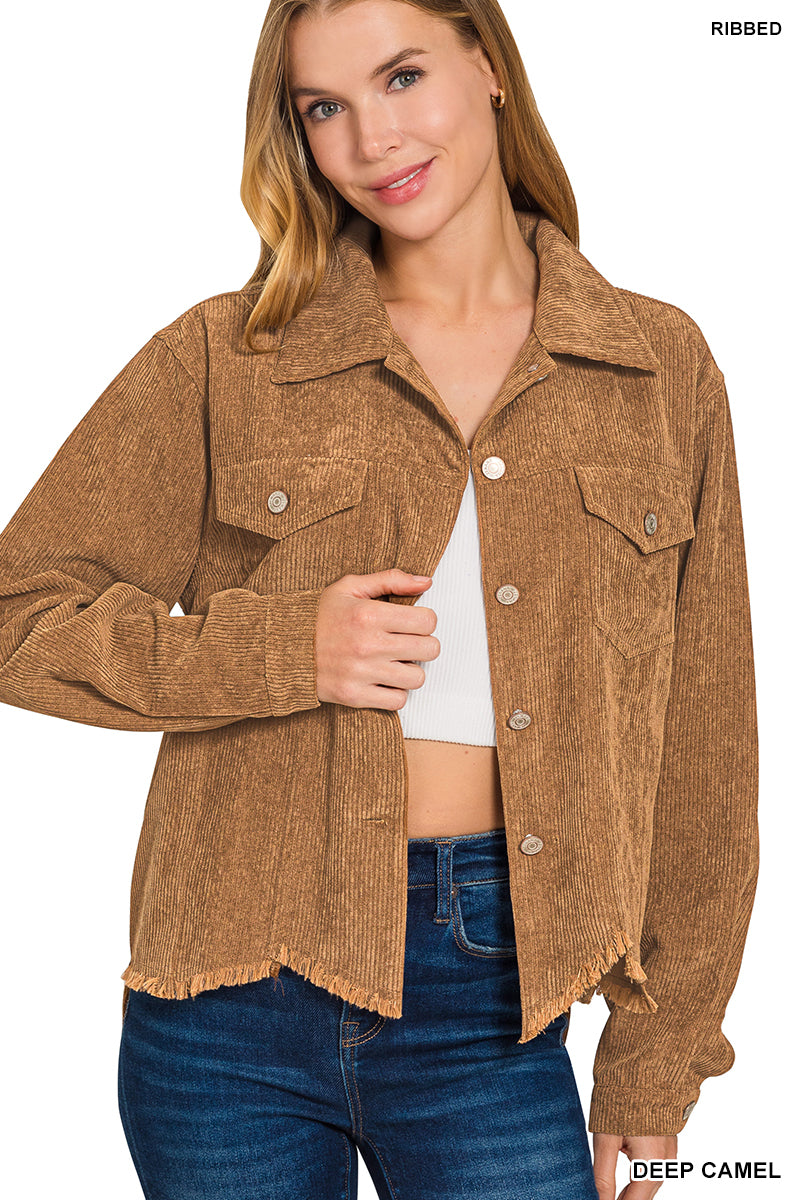 Embrace autumn’s charm with this Distressed Corduroy Cropped Jacket. Crafted from soft corduroy, its frayed hem adds a trendy, lived-in edge perfect for layering on crisp fall days. This jacket combines cozy warmth with effortless style, making it an essential piece to elevate your seasonal wardrobe.

100% Polyester