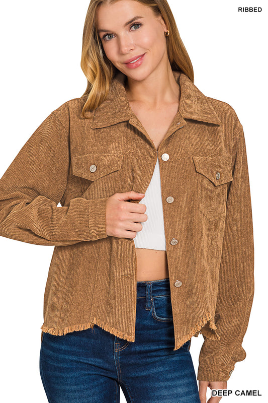 Embrace autumn’s charm with this Distressed Corduroy Cropped Jacket. Crafted from soft corduroy, its frayed hem adds a trendy, lived-in edge perfect for layering on crisp fall days. This jacket combines cozy warmth with effortless style, making it an essential piece to elevate your seasonal wardrobe.

100% Polyester
