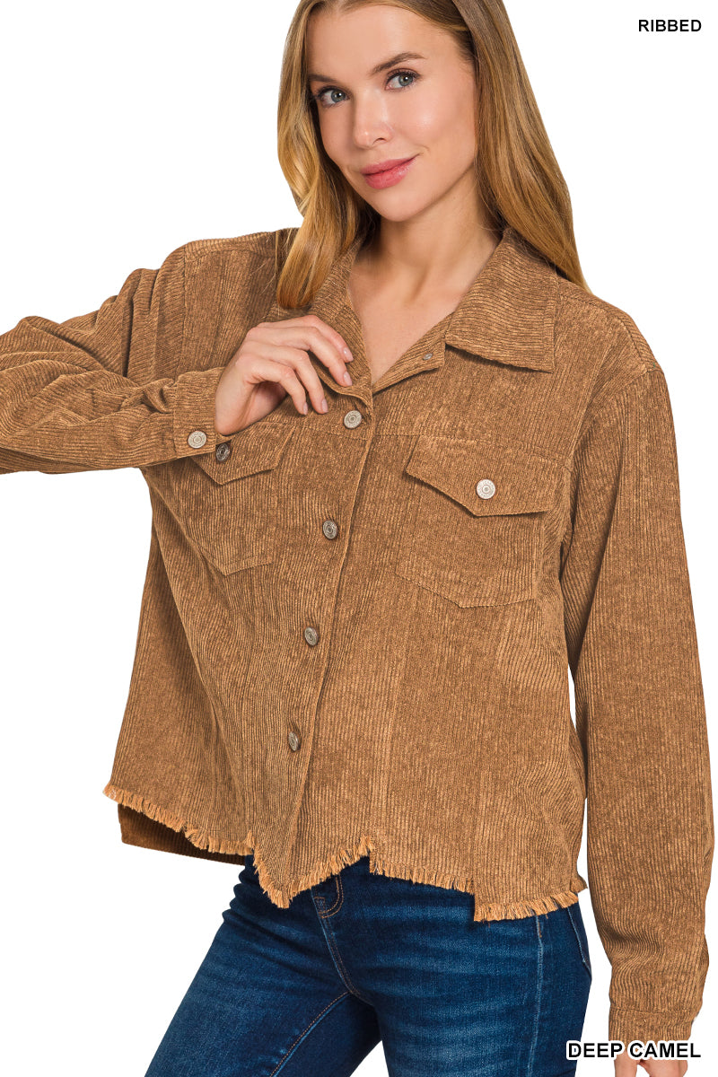 Embrace autumn’s charm with this Distressed Corduroy Cropped Jacket. Crafted from soft corduroy, its frayed hem adds a trendy, lived-in edge perfect for layering on crisp fall days. This jacket combines cozy warmth with effortless style, making it an essential piece to elevate your seasonal wardrobe.

100% Polyester