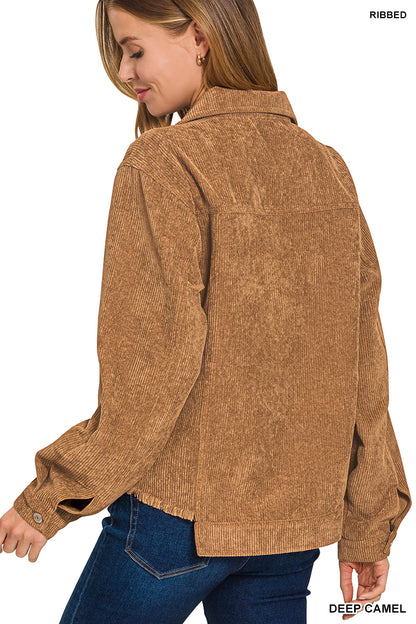 Embrace autumn’s charm with this Distressed Corduroy Cropped Jacket. Crafted from soft corduroy, its frayed hem adds a trendy, lived-in edge perfect for layering on crisp fall days. This jacket combines cozy warmth with effortless style, making it an essential piece to elevate your seasonal wardrobe.

100% Polyester