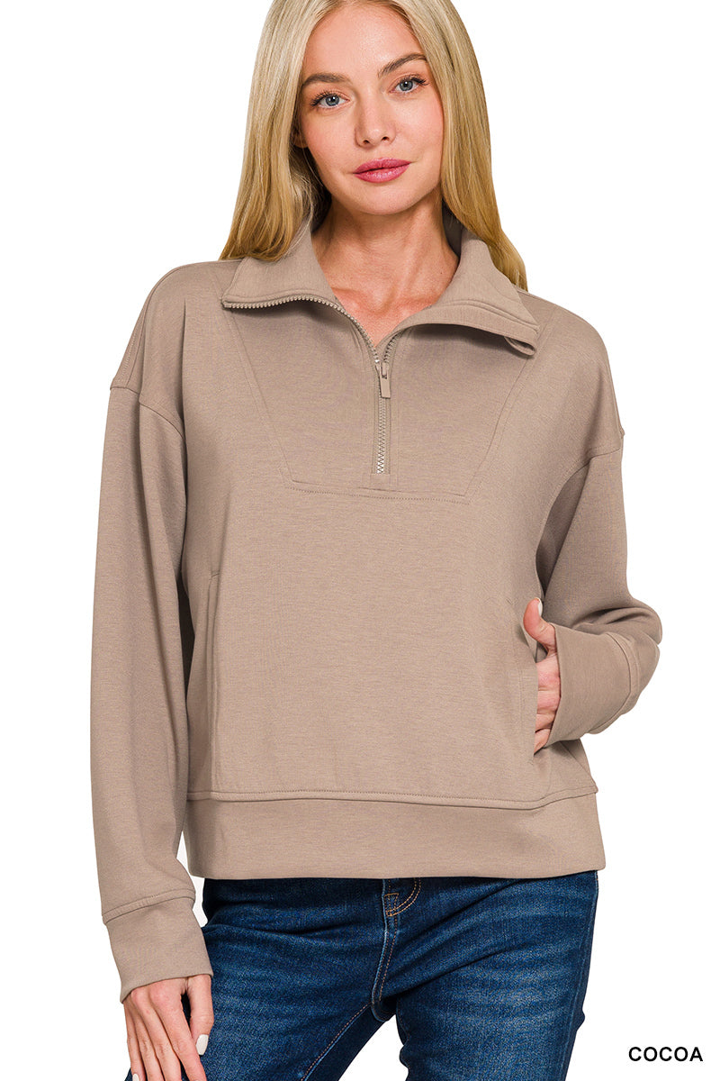 Experience cozy style this Fall with the Butter Soft Scuba pullover. Crafted from super soft fabric, it offers unmatched comfort while keeping you warm. The trendy half-zip design adds a modern touch, and the convenient pocket lets you keep essentials close.&nbsp;

90% polyester, 6% rayon, 4% spandex