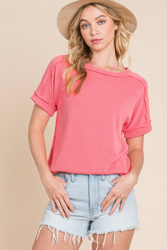 This ribbed knit top features a relaxed fit with short sleeves and raw edge accents, offering an easygoing, everyday style. The soft ribbed texture makes it super comfortable &amp; the straight cut bottom makes it versatile to tuck in or leave out.&nbsp;

95% Polyester 5% Spandex/ Model is wearing size S / Made in USA/Fits relaxed