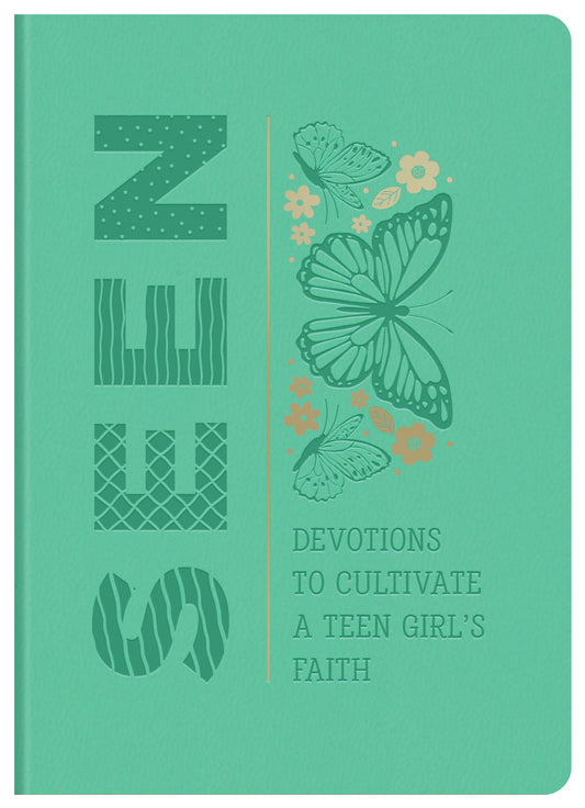 Green book cover with butterfly illustrations and text about devotions for a teen girl's faith