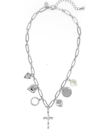 Show off your unique style with our Cross, Heart, and Pave Charm Necklace! Featuring a textured heart, pave circle, and other fun charms, this silver-toned necklace is accented with white and rhinestone details. Perfect for adding a touch of style to any outfit.

approx. 16" l