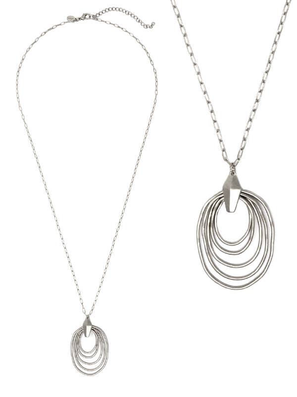 Silver necklace with multiple circular pendant on a white background