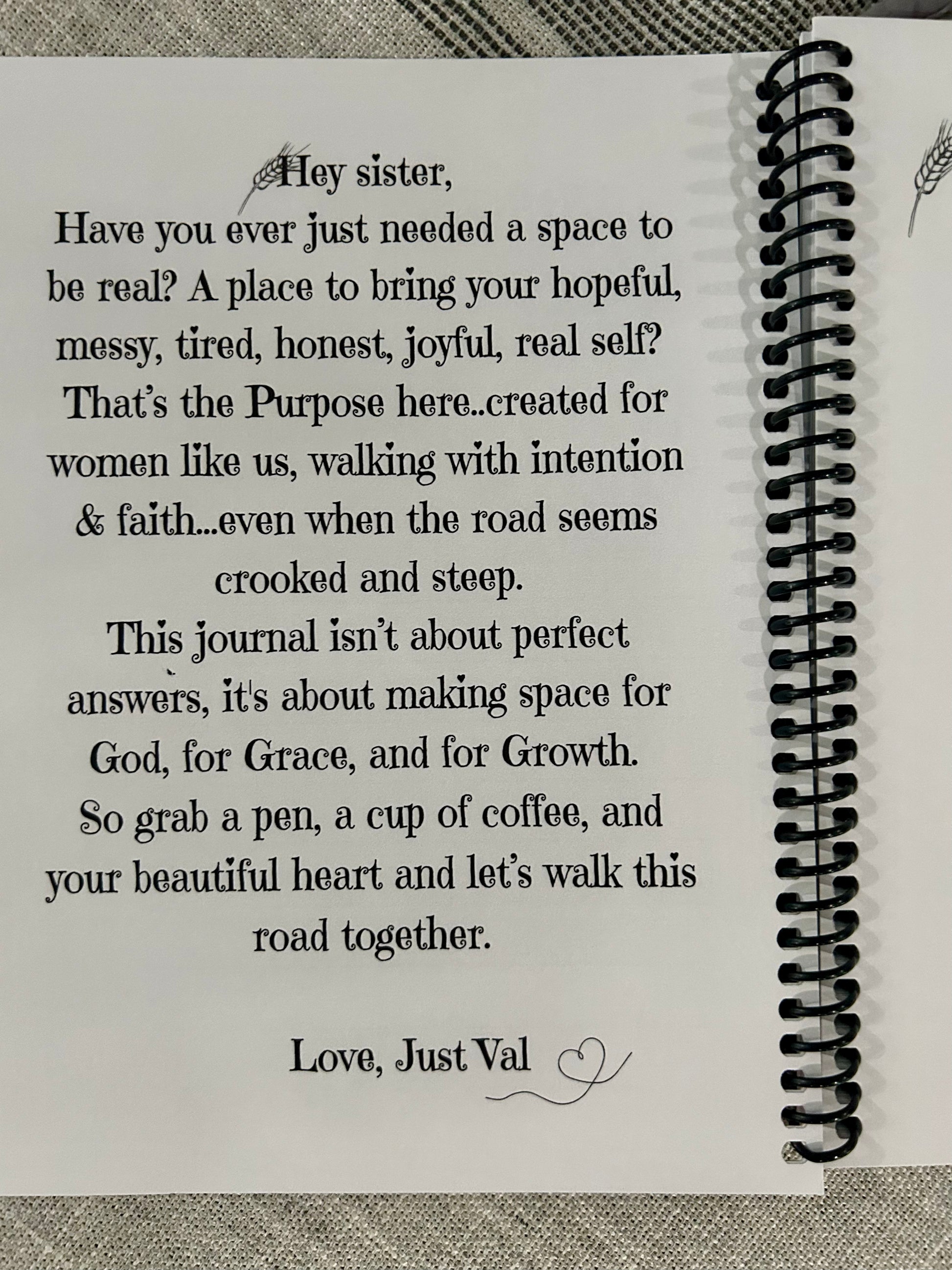 Spiral-bound journal with a message about finding space to be real and connecting with God, Grace, and growth.