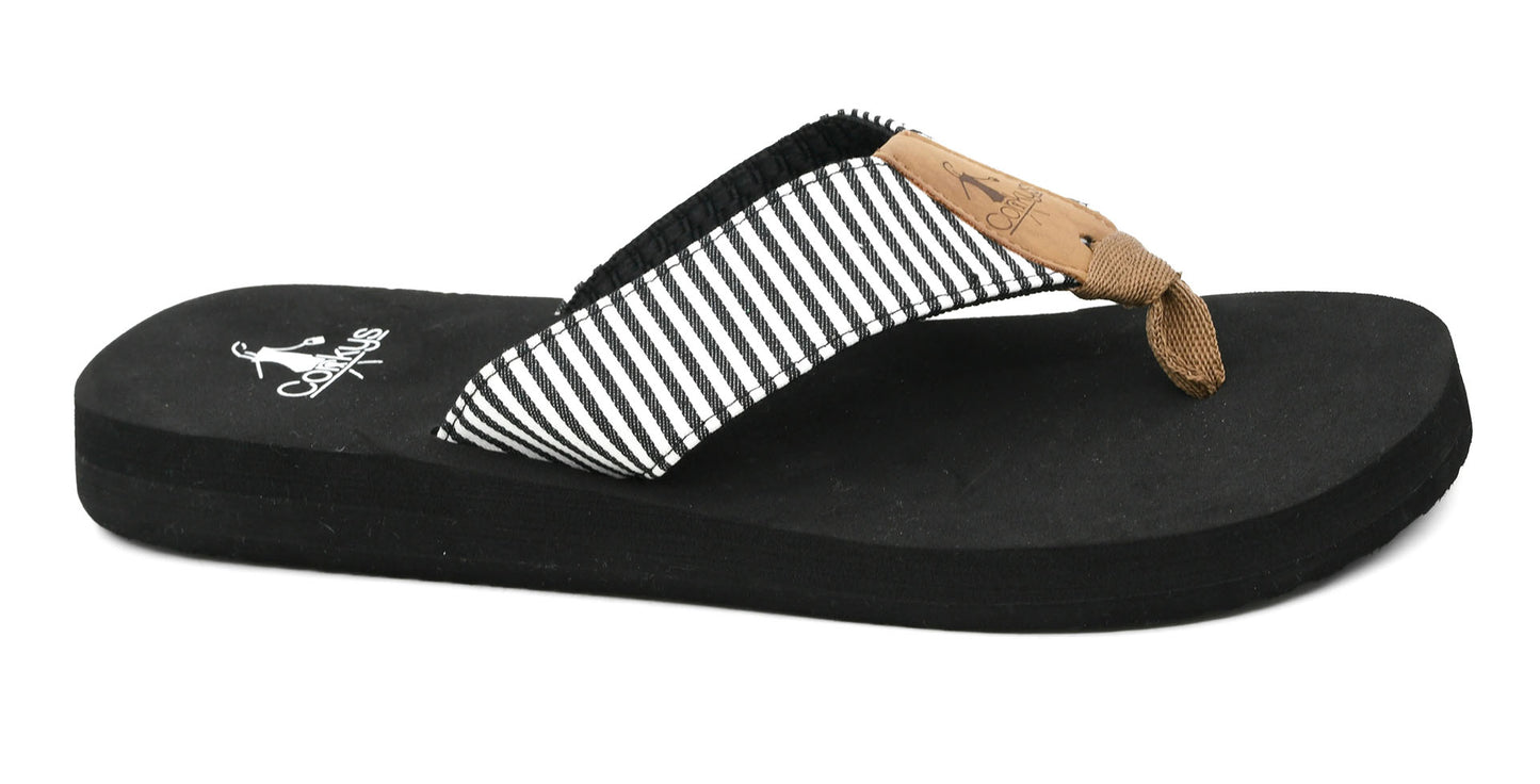black and white striped corky's flip flops