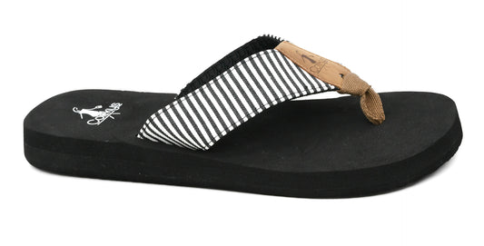 black and white striped corky's flip flops