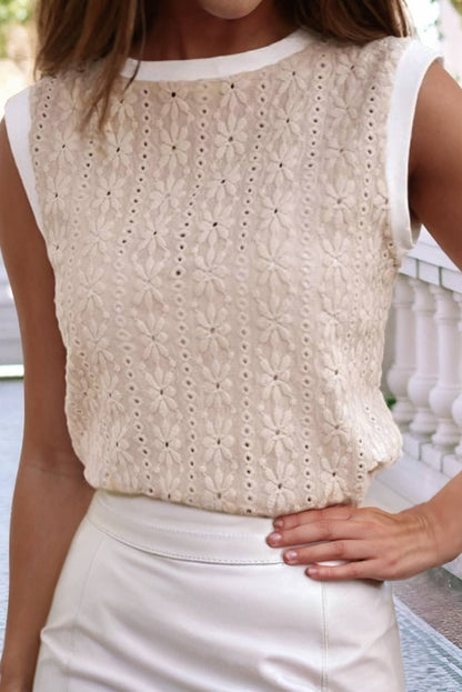 Textured floral Tank Top in taupe with white trim, feminine and versatile