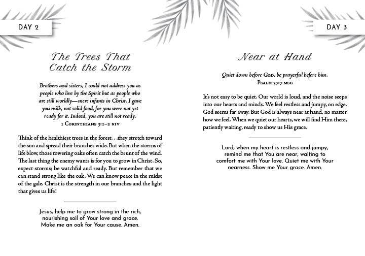 Two pages from a devotional book with text and decorative elements.